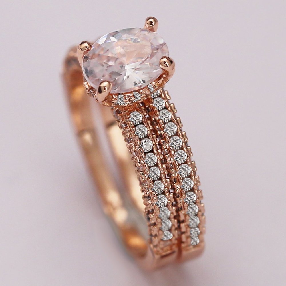 💍 Dainty Oval Gemstone Anillo Micro Pave Rose Gold Ring Set for Women, VIP590